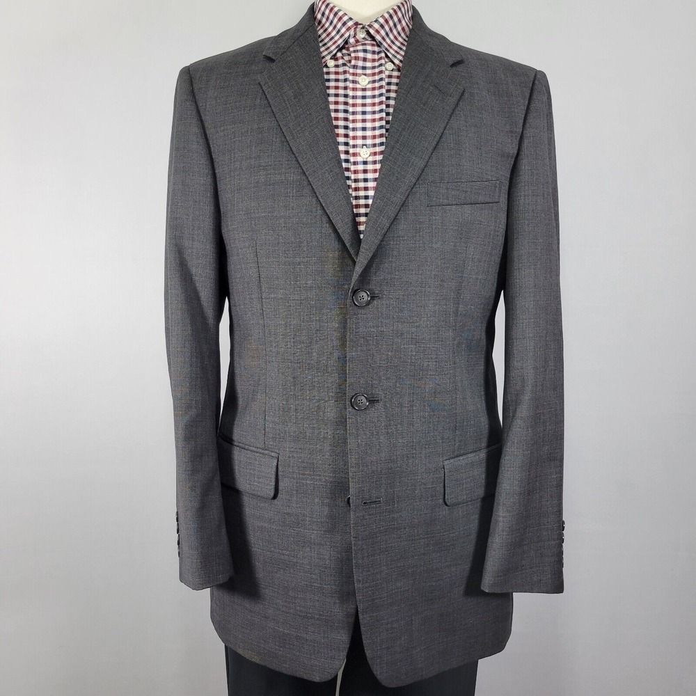 Alfani Men's Sport Coat Blazer Three Button Charcoal Gray Plaid Wool Size 40L